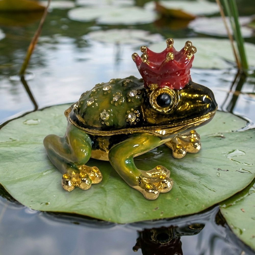 Vintage Frog Trinket Box, Red Crown Rhinestones, Metal & Enamel, Hinged Lid